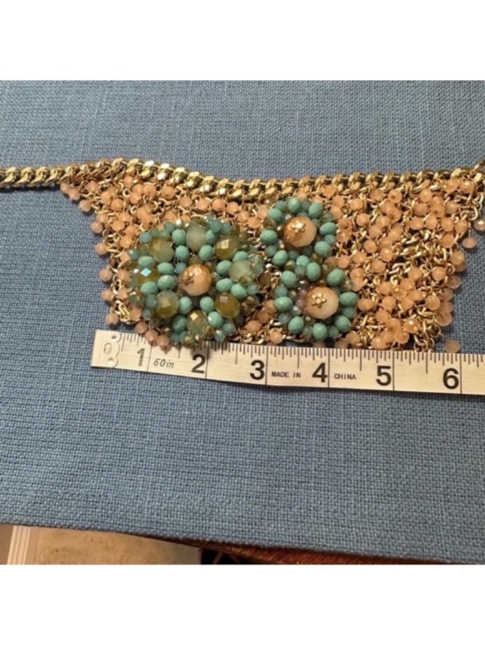 Gold Statement Necklace with Turquoise and Blush Pink Color Beads - Picture 12 of 12